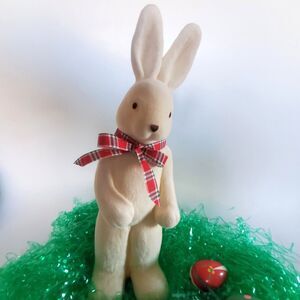 Vtg Flocked Easter Bunny Rabbit Standing 11" Posable &3 Mini Painted Wood Eggs